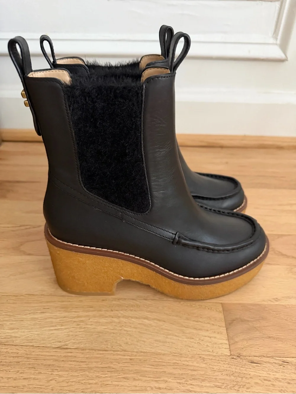Coach Black Leather Platform Delaney Chelsea Boot with Gum Sole Size 6